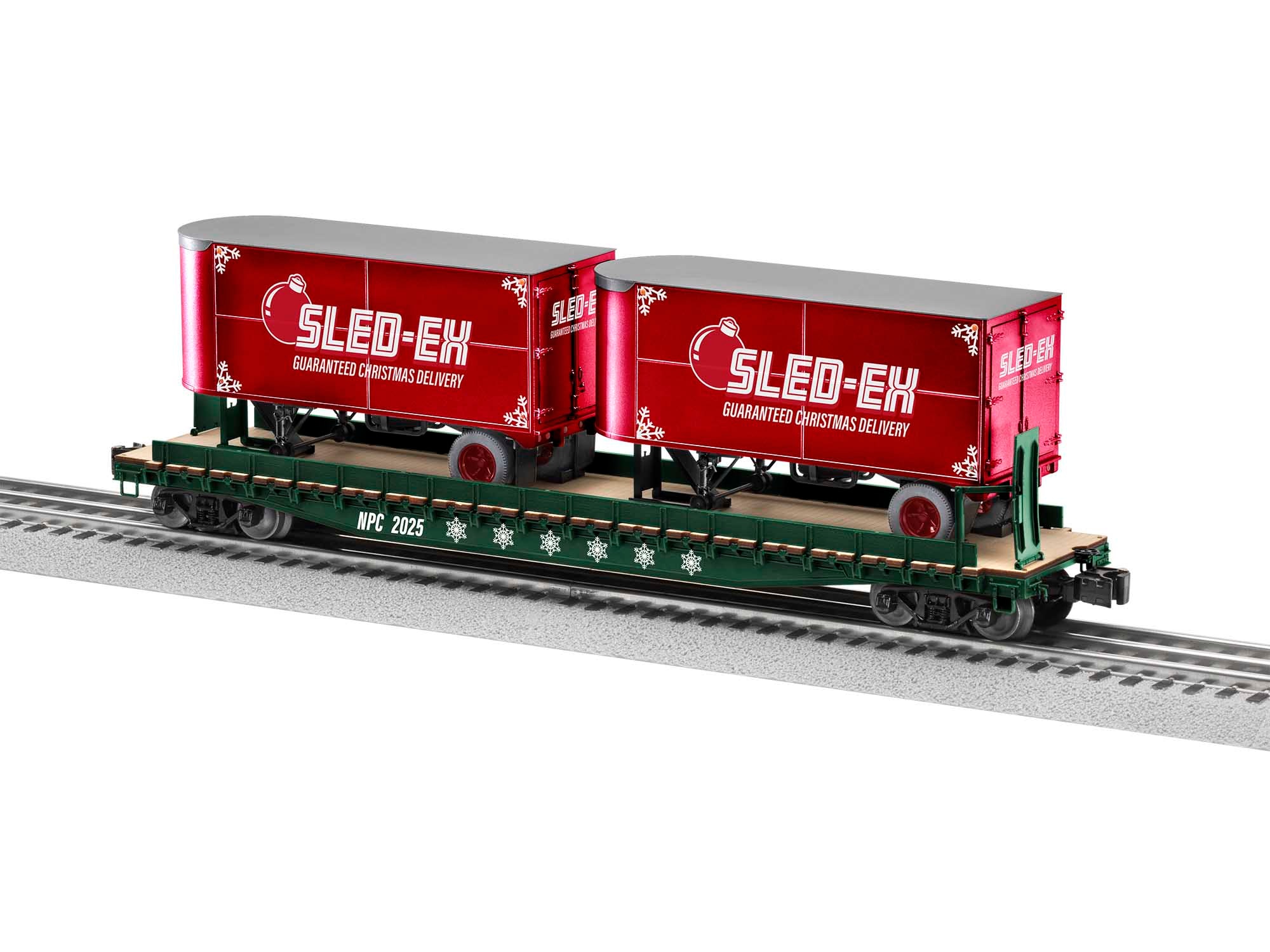 North Pole Central / Sled Ex 50' Flatcar w/ 20' Trailers 2025